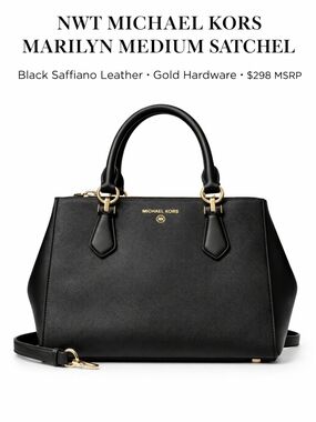 NWT Michael Kors Marilyn Medium Satchel Black Saffiano Leather Gold Hardware$298